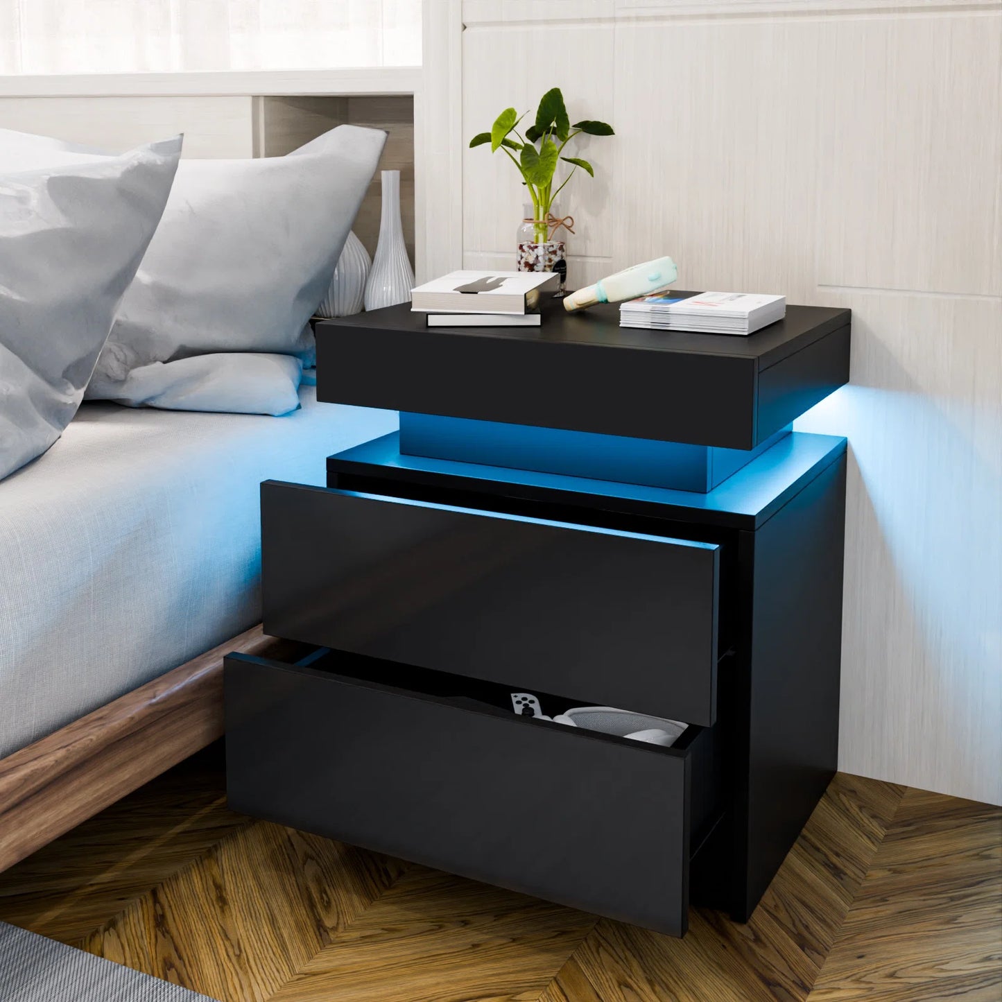Wood Nightstand with RGB LED Lights