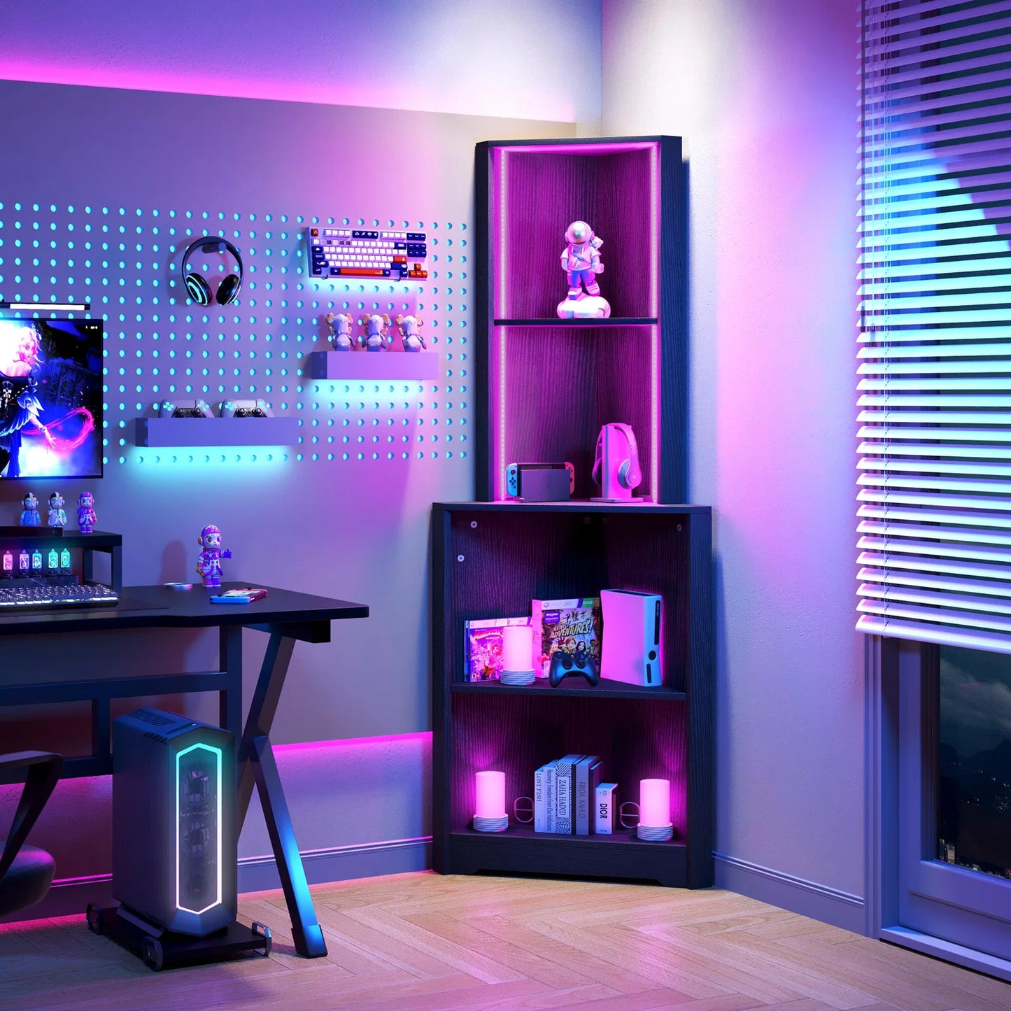 LED Lit Modern Display Corner Bookcase