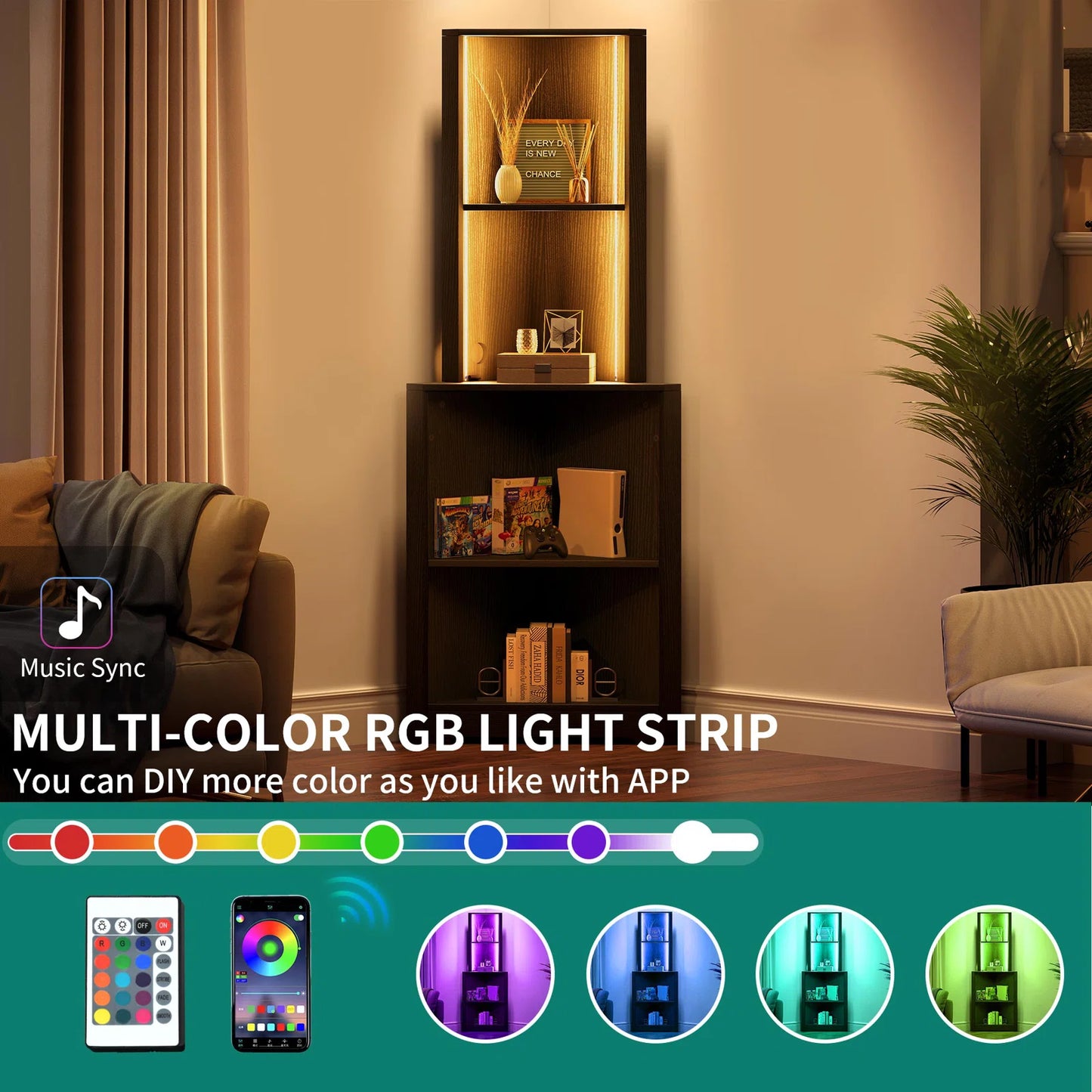 LED Lit Modern Display Corner Bookcase